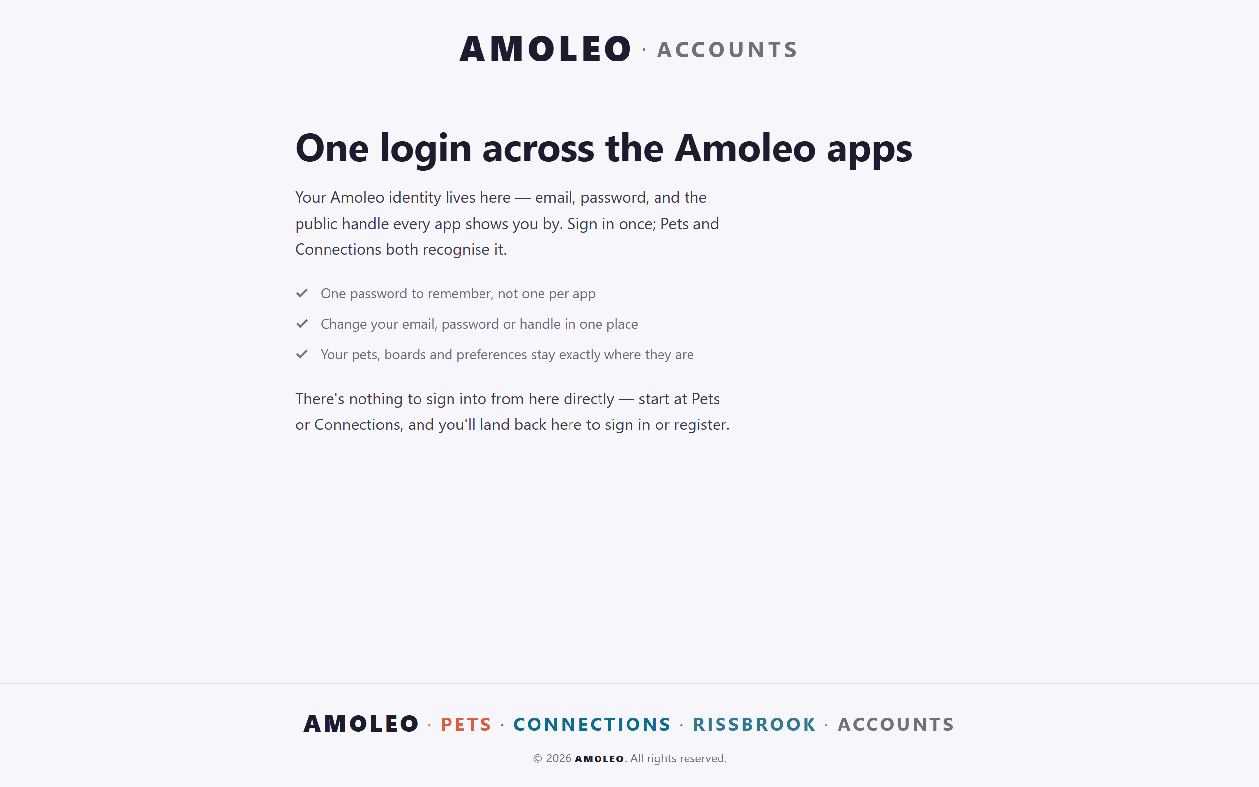 The Amoleo Accounts landing page — the Amoleo · Accounts wordmark, a one-login pitch, and the family footer lockup